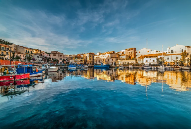 La Maddalena archipelago seen from above with anchored yachts